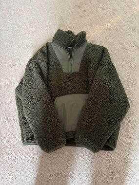 Express Olive Green Teddy Sherpa Half-Zip Jacket